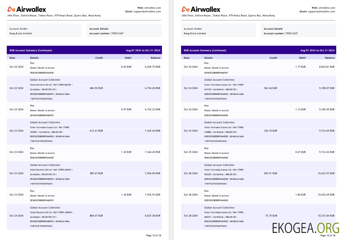 Relevé de compte de Hong Kong Airwallex Limited, 18 pages 8